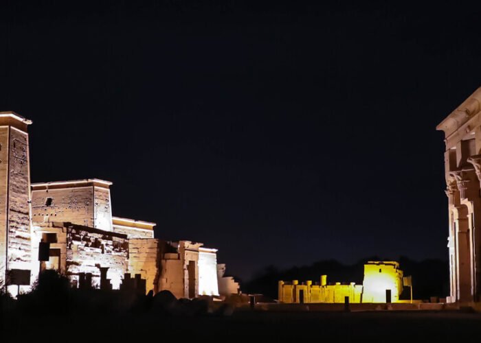 a beautiful view of the philae temple at night in aswan