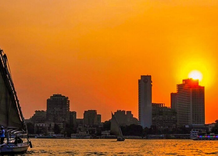 a felucca in the nile river at sunset in cairo egypt