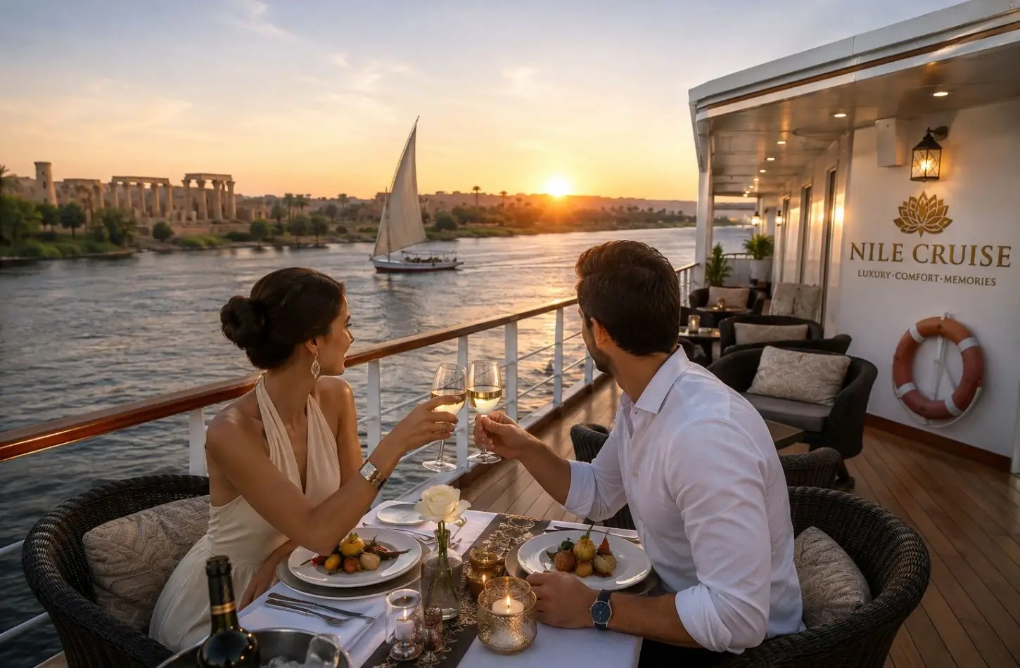 Nile Cruise for Couples: A Local's Guide to Romance on the River 2 Couple enjoying a candlelight dinner on the deck of a luxury Nile cruise for couple ship with a felucca sailboat and ancient Egyptian temple ruins in the background.