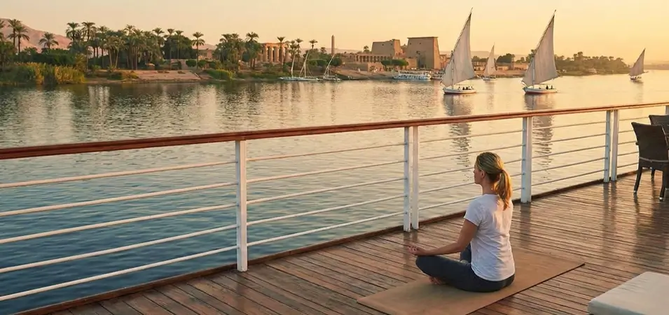 A stunning photo of a tourist sitting on a cruise ship practicing yoga