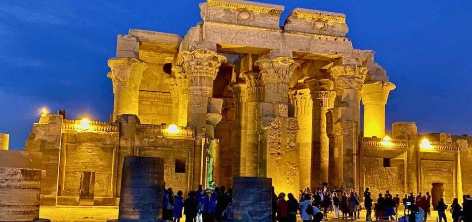 Illuminated Kom Ombo Temple at night, a key Egyptian temple to visit on a Nile cruise itinerary