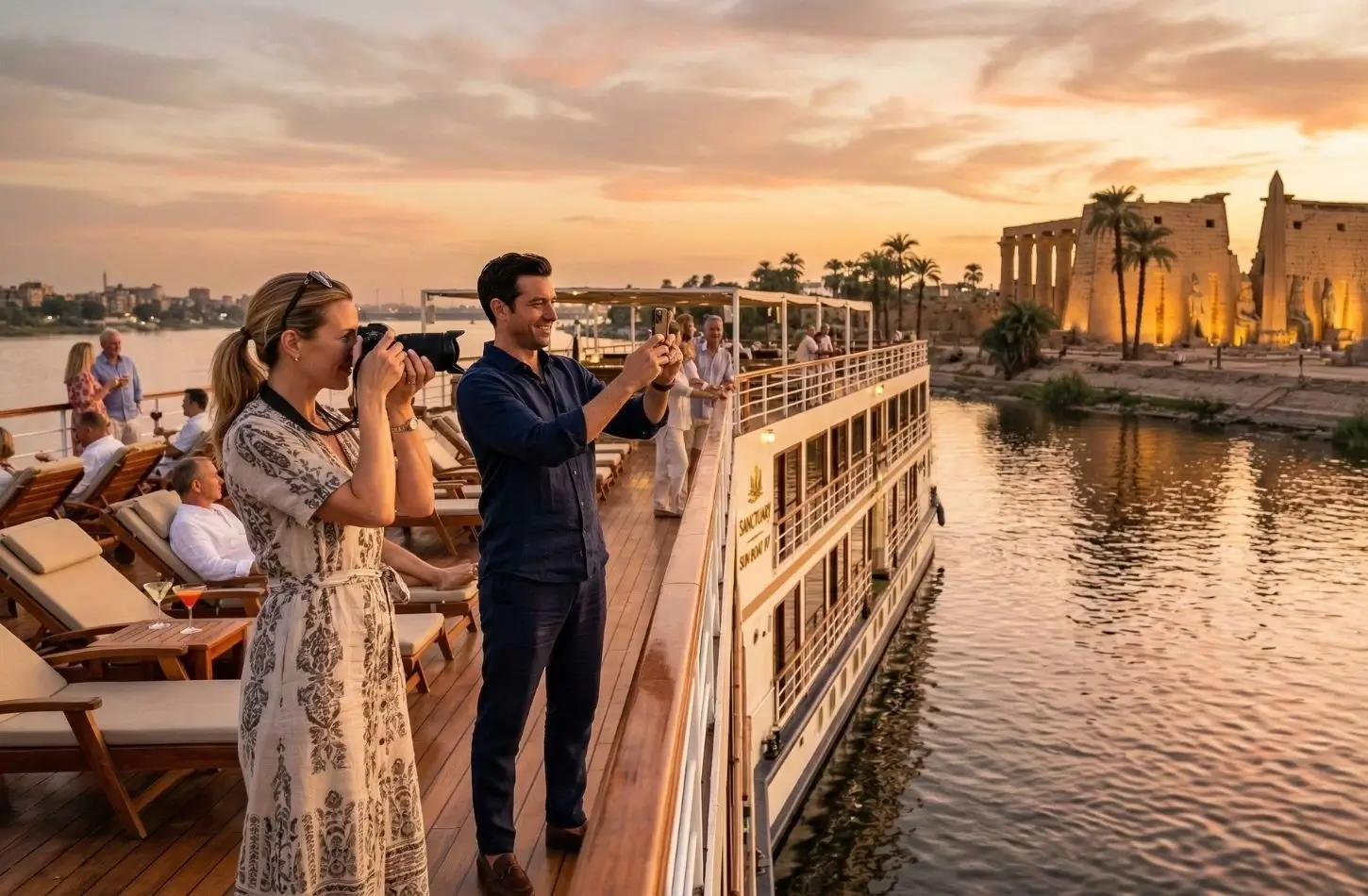Nile Cruise for Couples: A Local's Guide to Romance on the River 1 Tourists taking photos with a camera and phone from the deck of a Nile cruise for couple boat as it sails past illuminated ancient Egyptian monuments at golden hour.