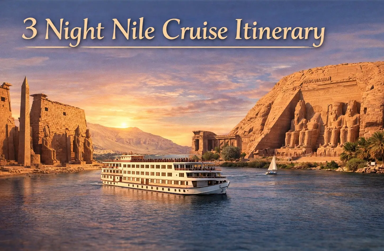 Banner for a 3 night Nile cruise itinerary showing a ship sailing past Abu Simbel and Luxor temples.