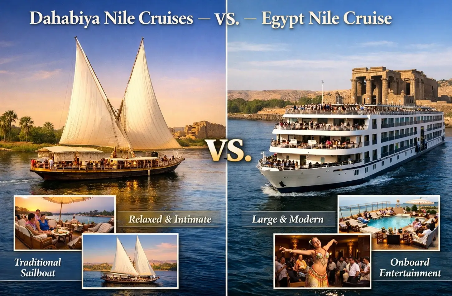 Comparison of a traditional Dahabiya Nile cruise sailboat versus a large modern Egypt Nile cruise ship.