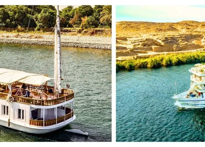 Comparison of a traditional private Dahabiya sailing boat and a large modern Nile cruise ship.
