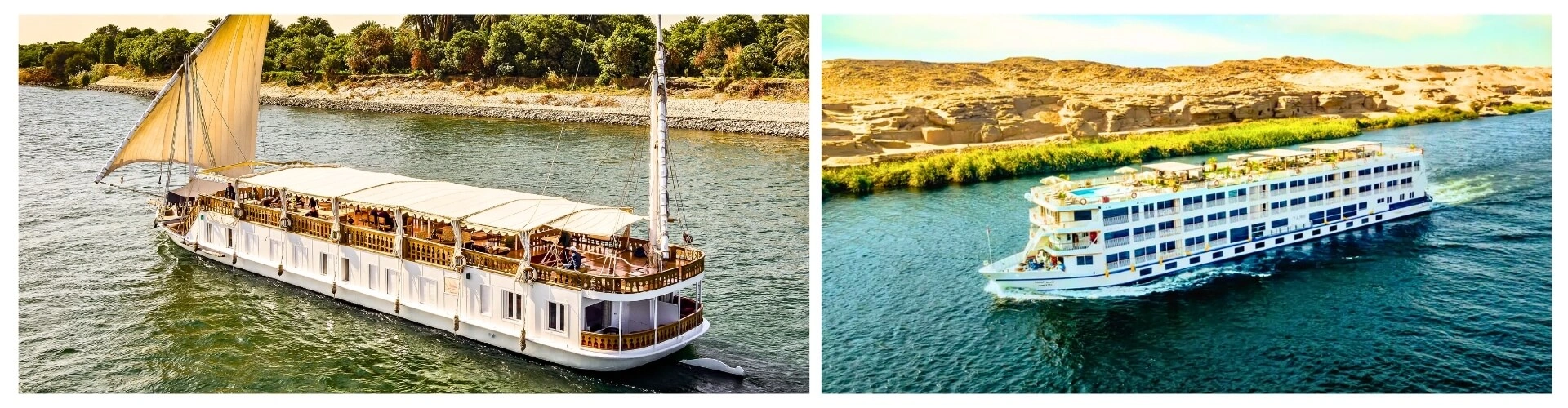 Comparison of a traditional private Dahabiya sailing boat and a large modern Nile cruise ship.