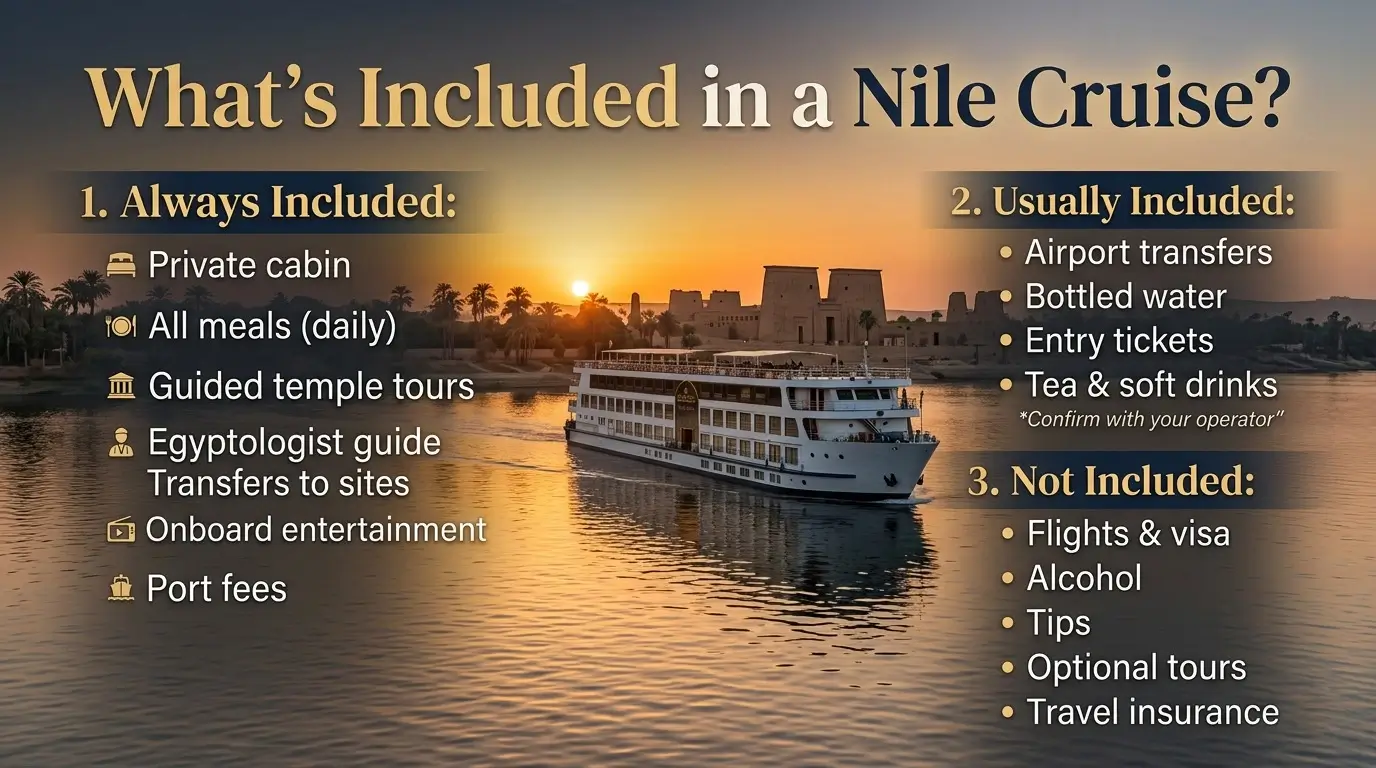 A great image illustrating some of what is always included in a Nile cruise package