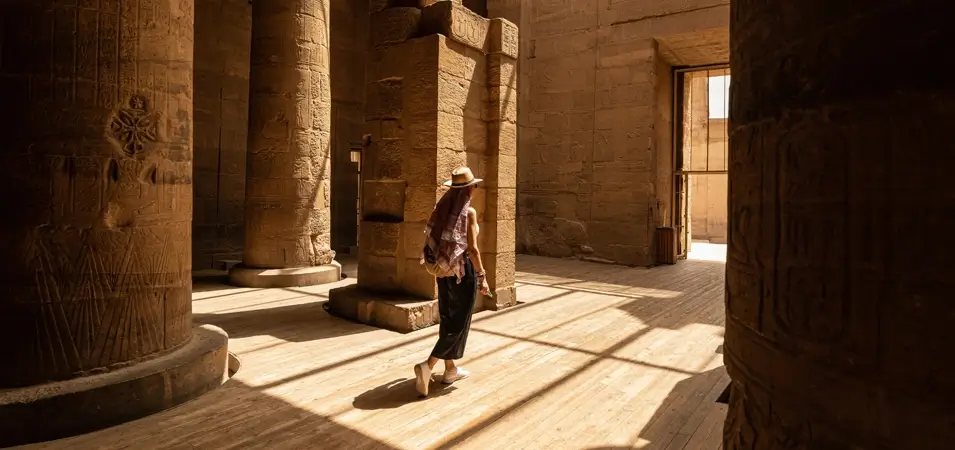 Philae Temple: Complete History & Visiting Guide 1 A stunning image of a girl standing inside the Philae Temple