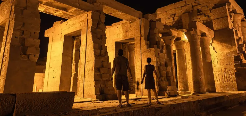 A stunning image of two people inside the Kombo temple