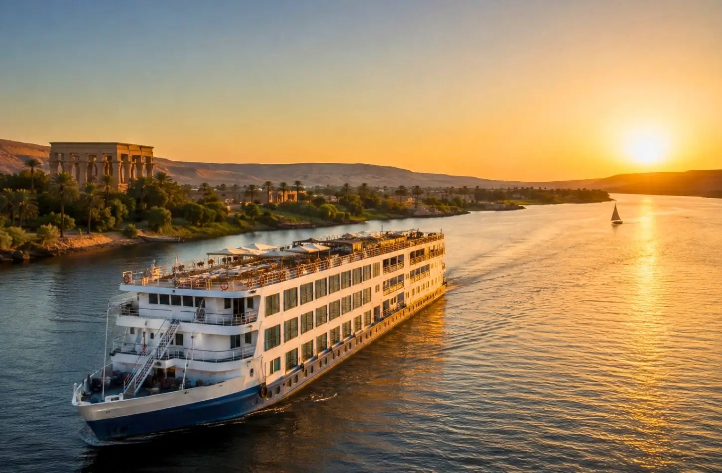 A multi-deck Nile River cruise ship cruising past ancient Egyptian temples at sunset, showcasing experience options that influence Nile Cruise Cost.