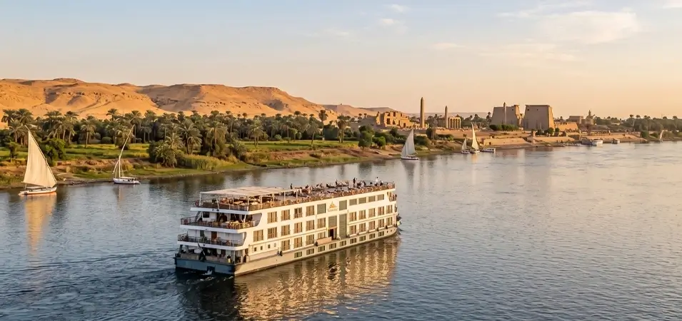 Scenic Nile River cruise ship sailing past ancient Egyptian temples in Luxor.