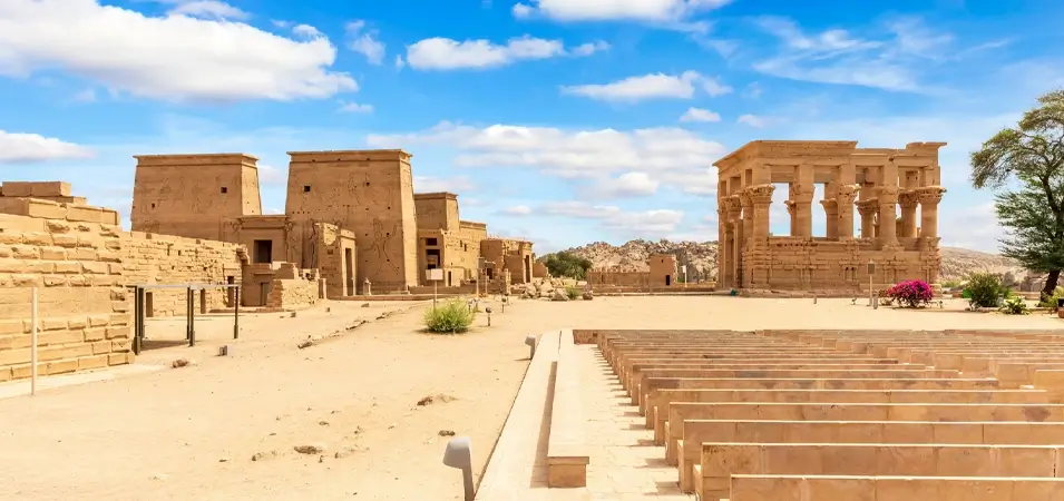 Aswan City, Egypt: A Local's Guide to Egypt's Nile Gem 2 An expanse of the Philae temple complex and Trajans Kiosk in Aswan under a sunny blue sky